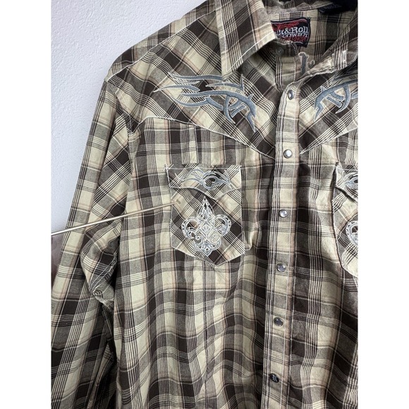 Rock & Roll Cowboy 2XL Brown Plaid Long Sleeve Pearl Snap Button Shirt - Picture 6 of 12